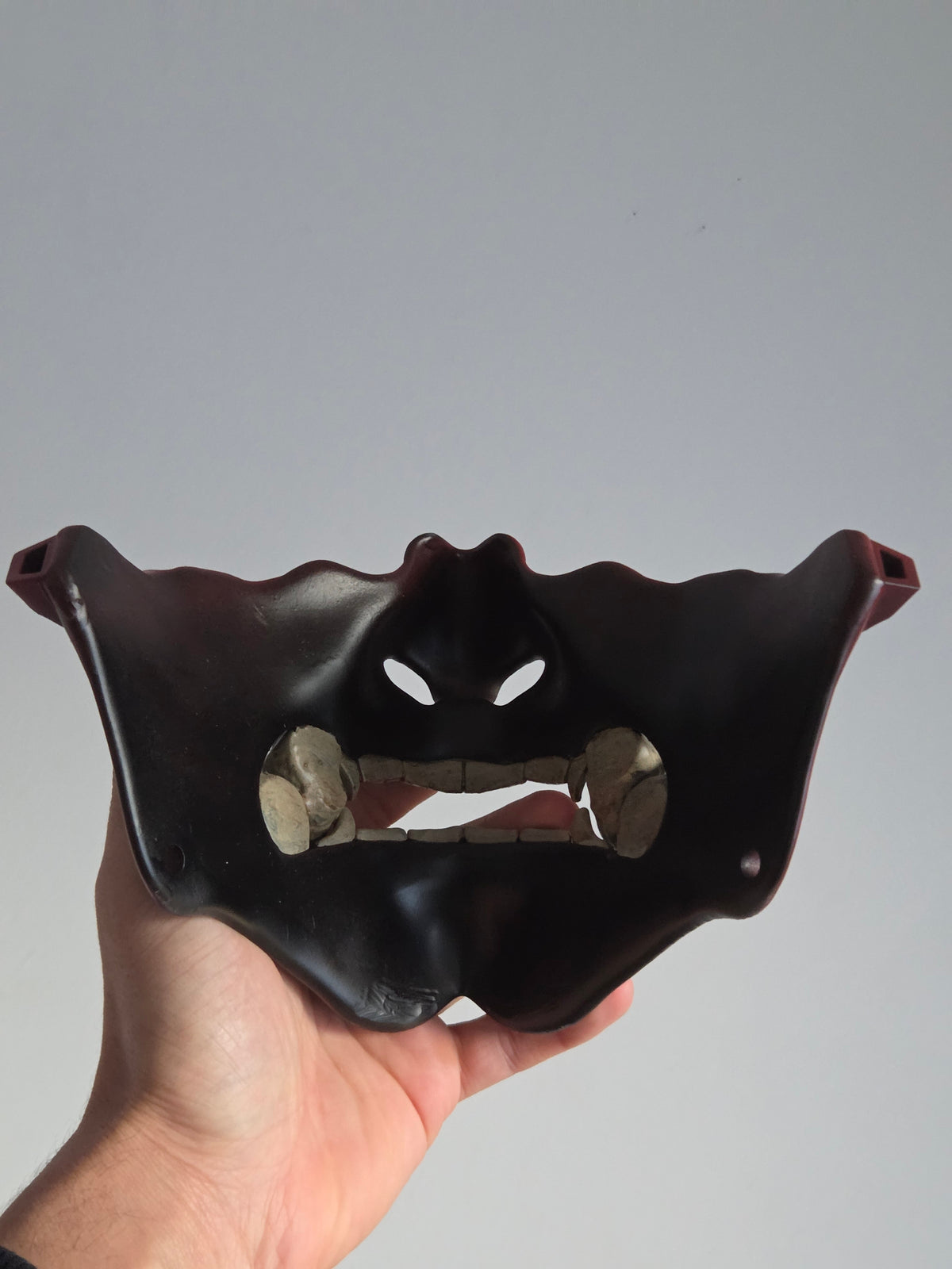Burgundy Oni Half-Mask with Cream Teeth