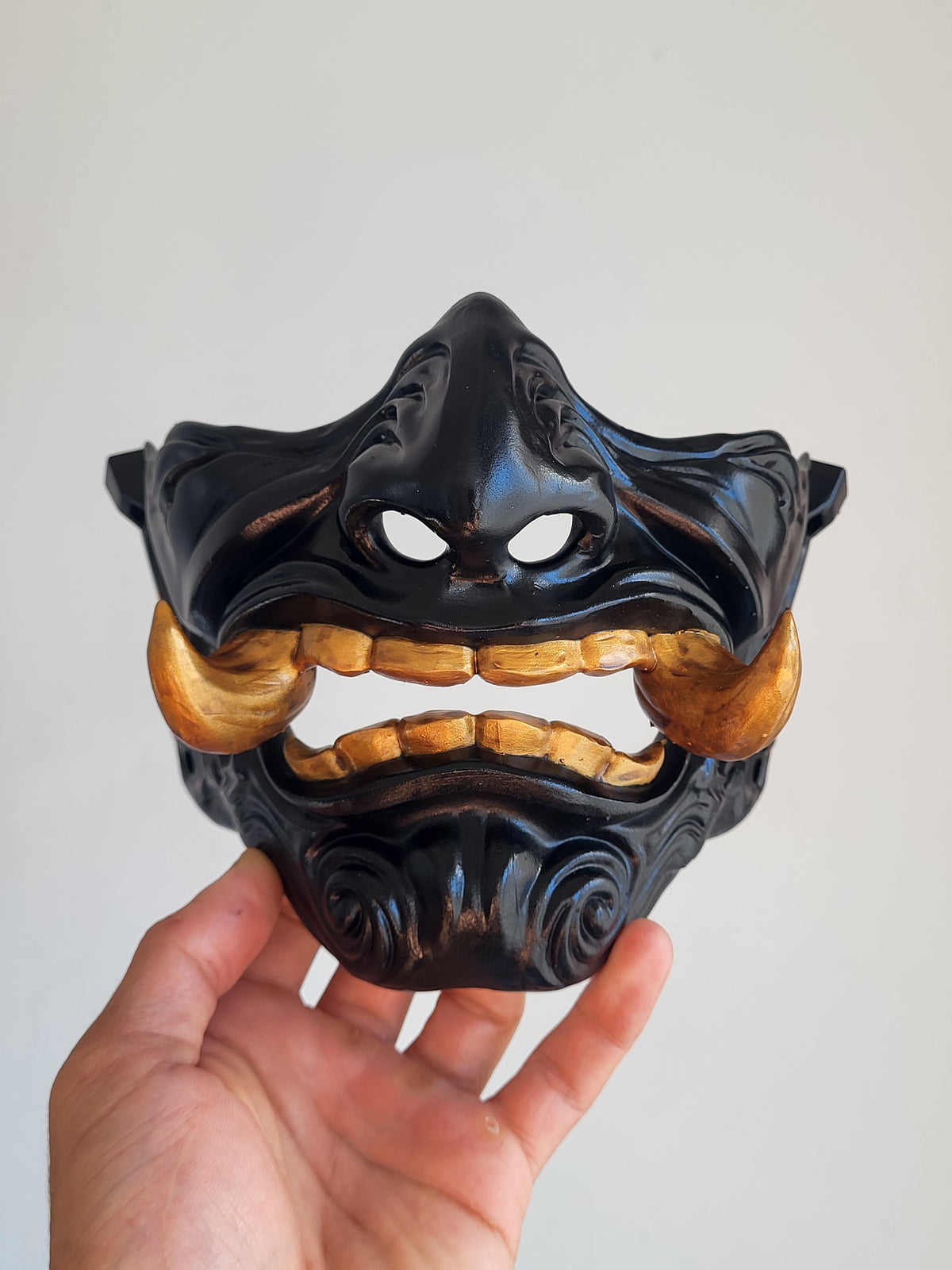 Black Oni Half-Mask with Gold Teeth