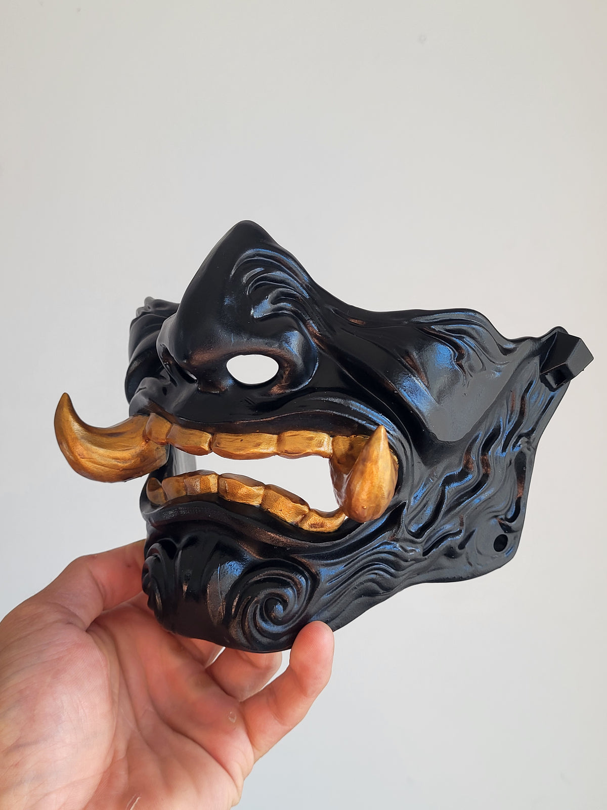 Black Oni Half-Mask with Gold Teeth