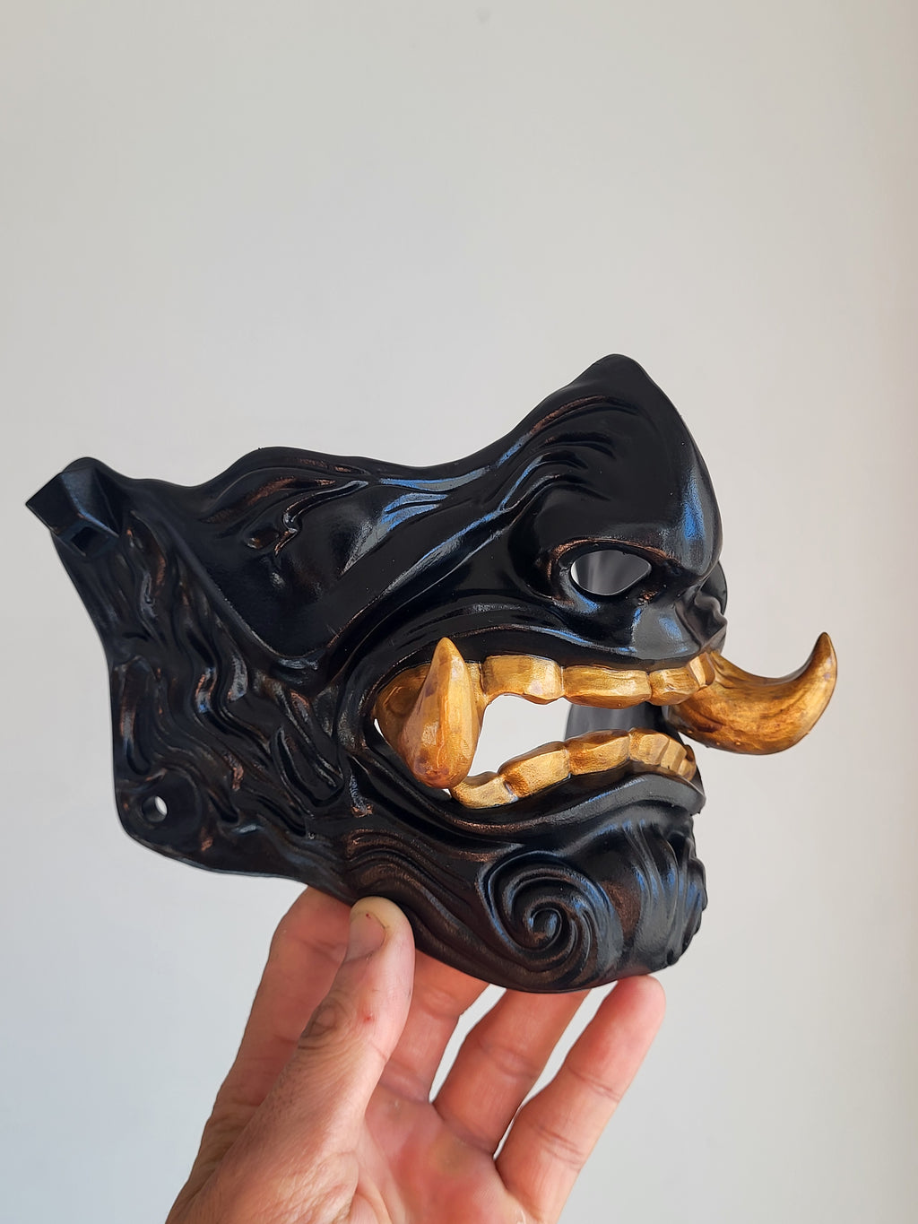 Black Oni Half-Mask with Gold Teeth
