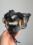 Black Oni Half-Mask with Golden Tusks