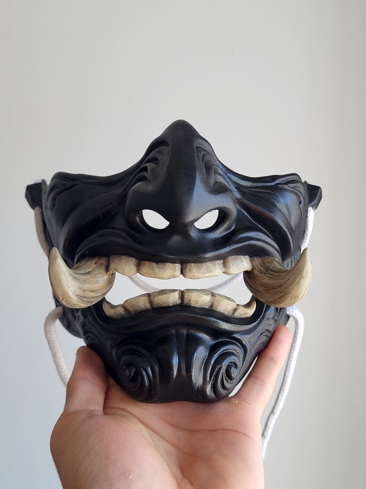 Black Oni Half-Mask with Wooden Fangs
