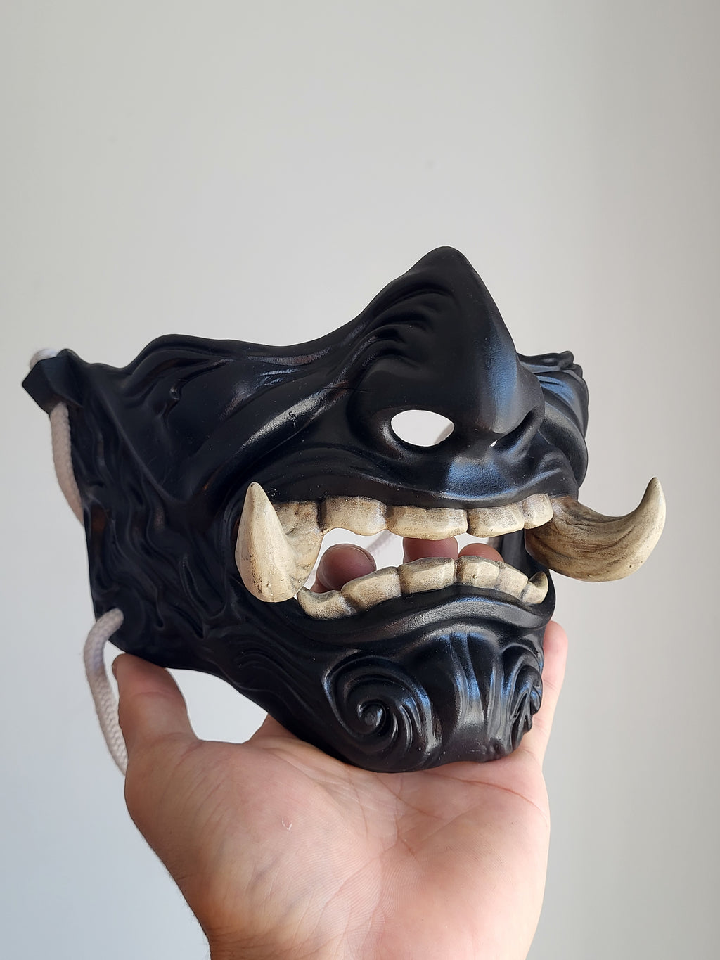 Black Oni Half-Mask with Wooden Fangs