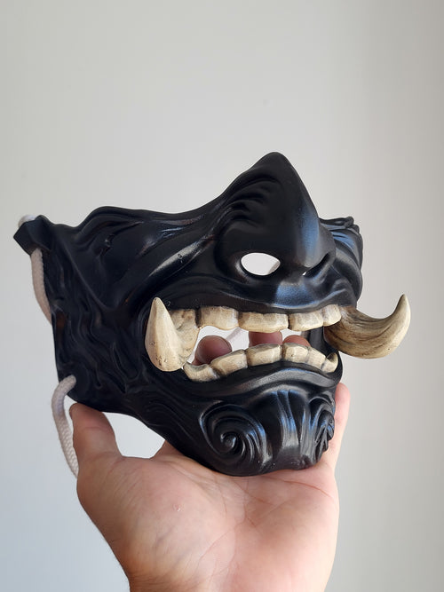 Black Oni Half-Mask with Wooden Fangs