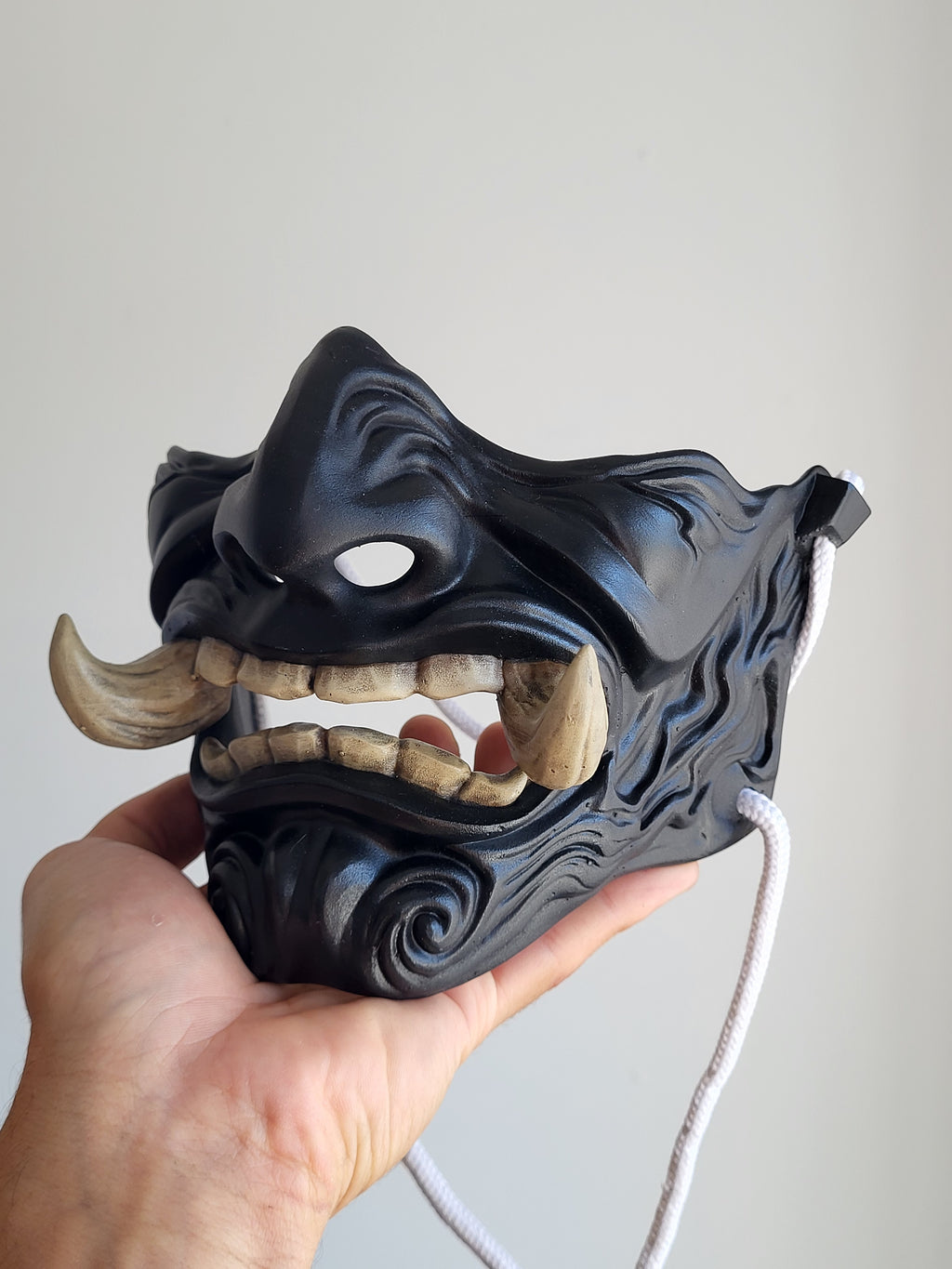 Black Oni Half-Mask with Wooden Fangs