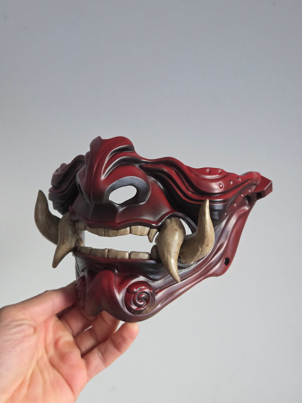 Burgundy Oni Half-Mask with Cream Teeth
