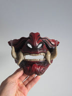 Burgundy Oni Half-Mask with Cream Teeth
