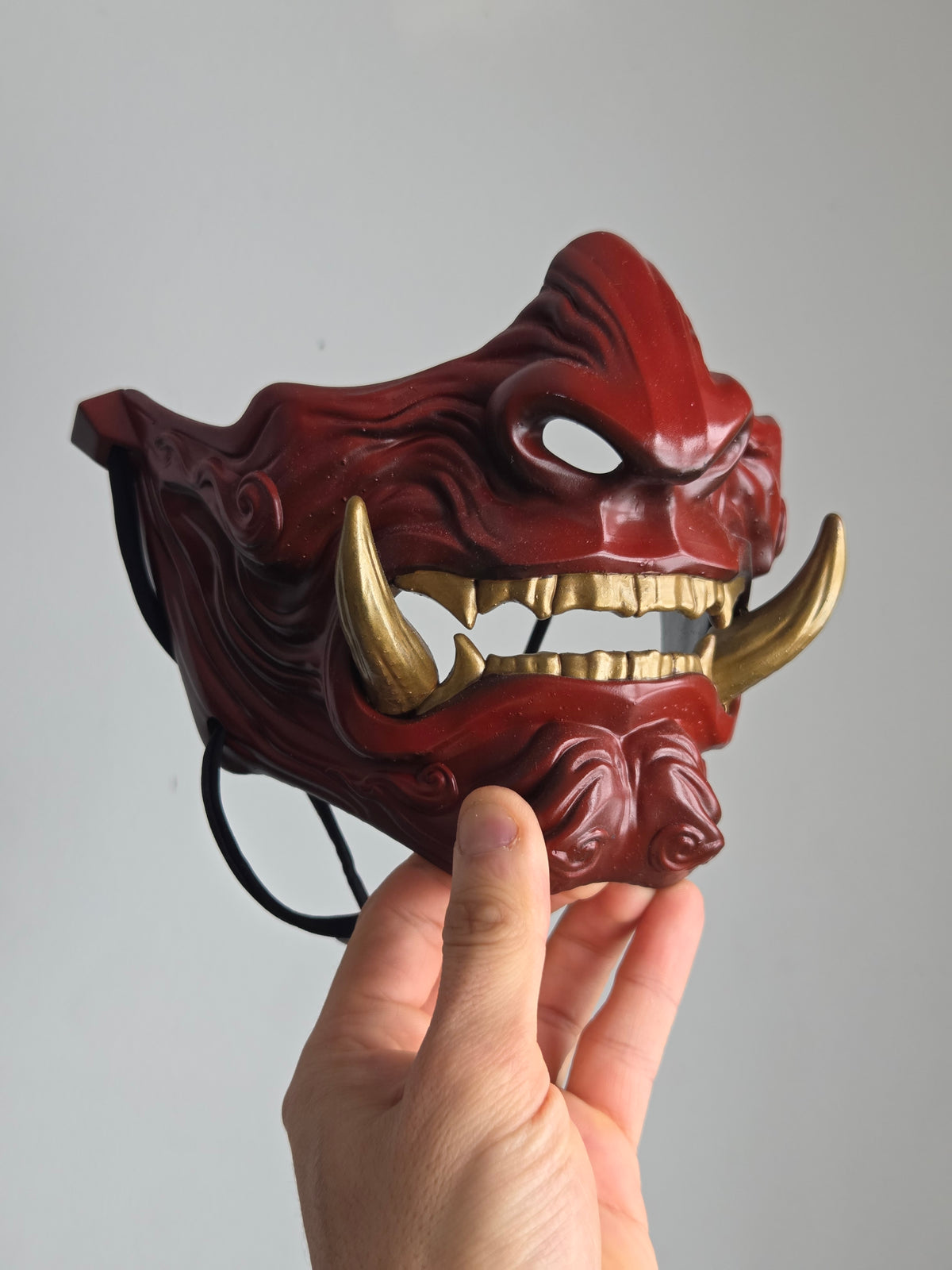 Burgundy Oni Half-Mask with Gold Teeth