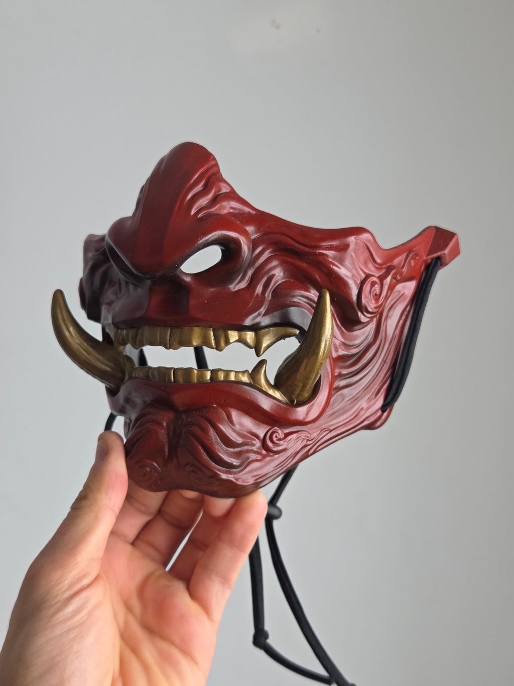 Burgundy Oni Half-Mask with Gold Teeth