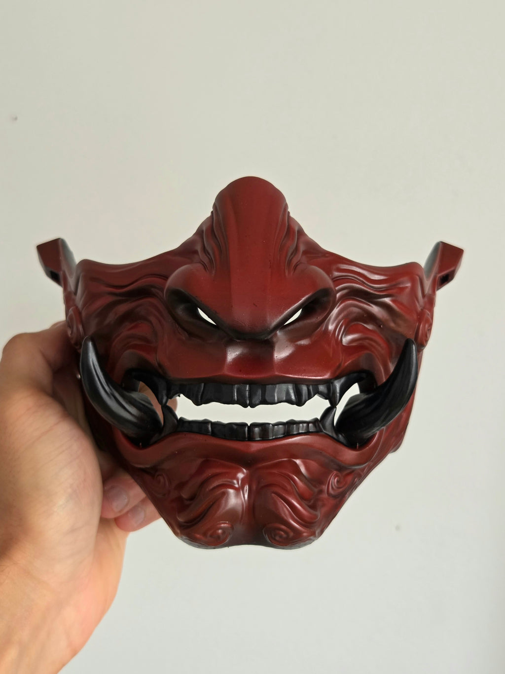 Burgundy Samurai Half-Mask with Black Tusks