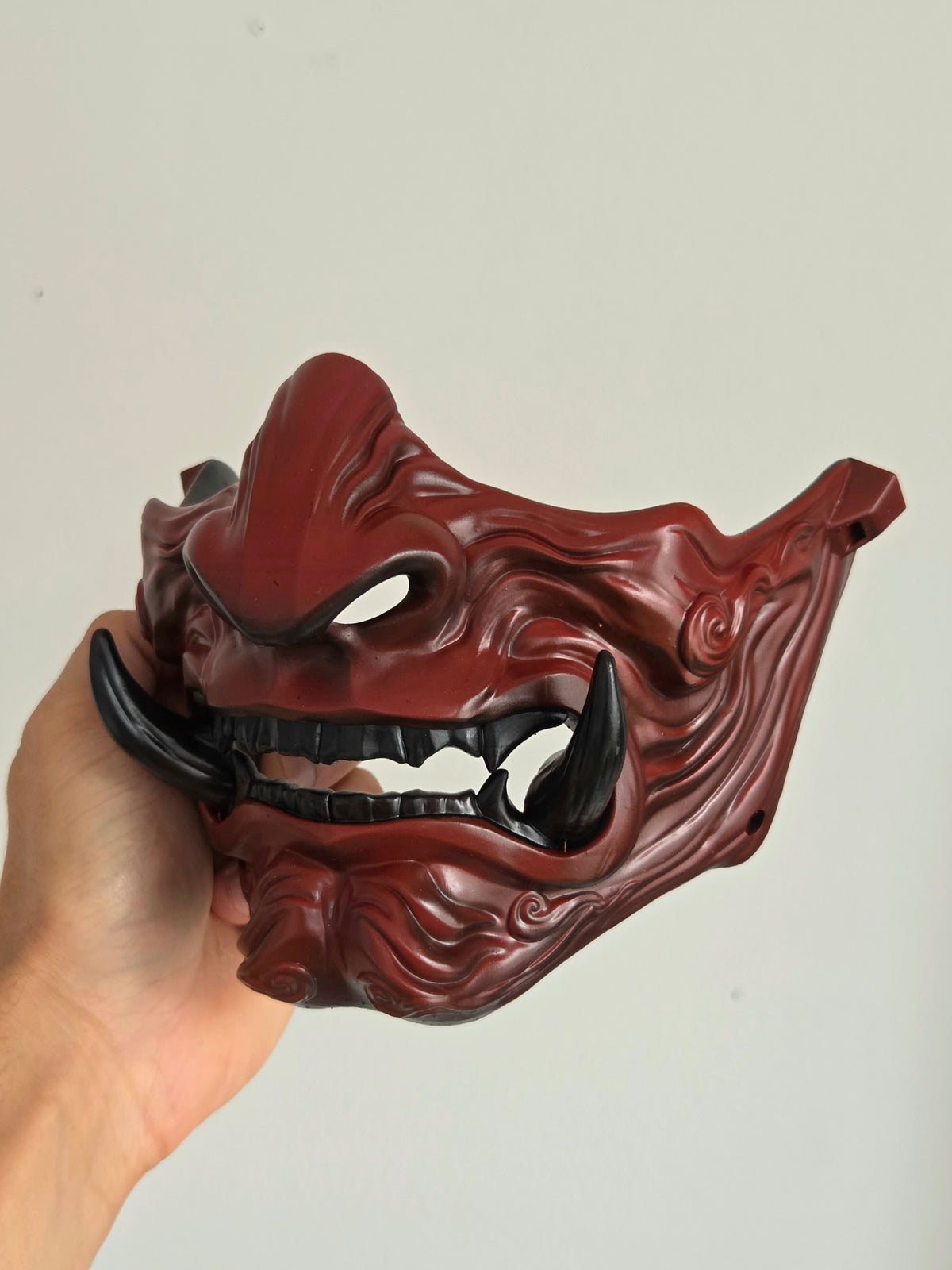 Burgundy Samurai Half-Mask with Black Tusks