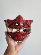 Red Oni Half-Mask with Wood-Tone Fangs