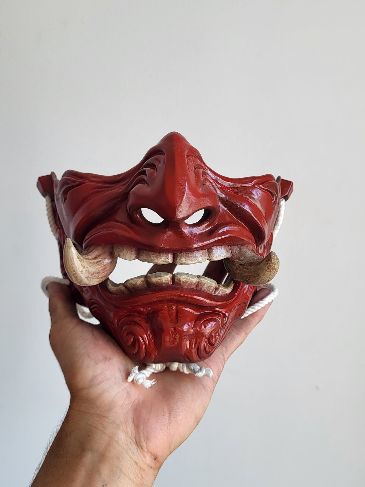 Red Oni Half-Mask with Wood-Tone Fangs