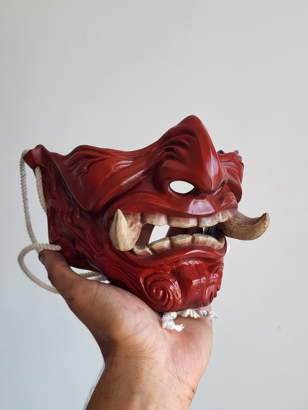 Red Oni Half-Mask with Wood-Tone Fangs