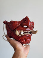 Red Oni Half-Mask with Wood-Tone Fangs