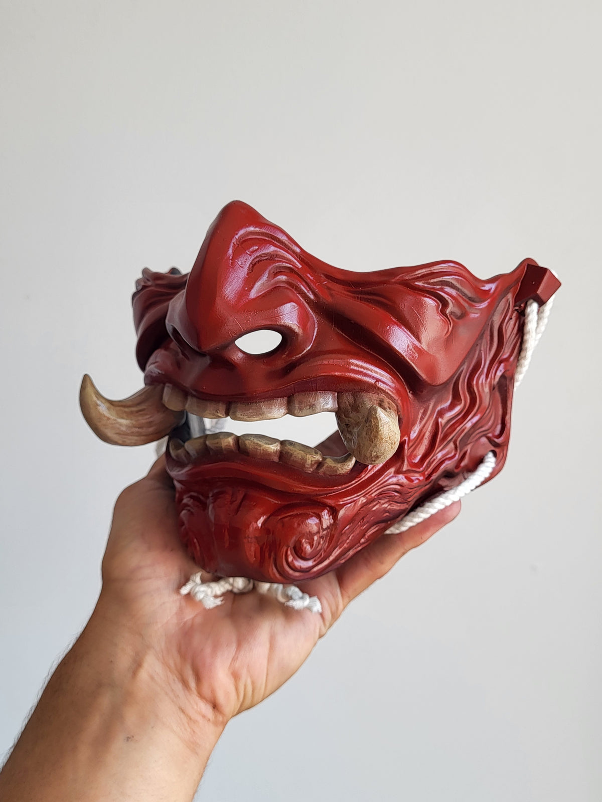 Red Oni Half-Mask with Wood-Tone Fangs