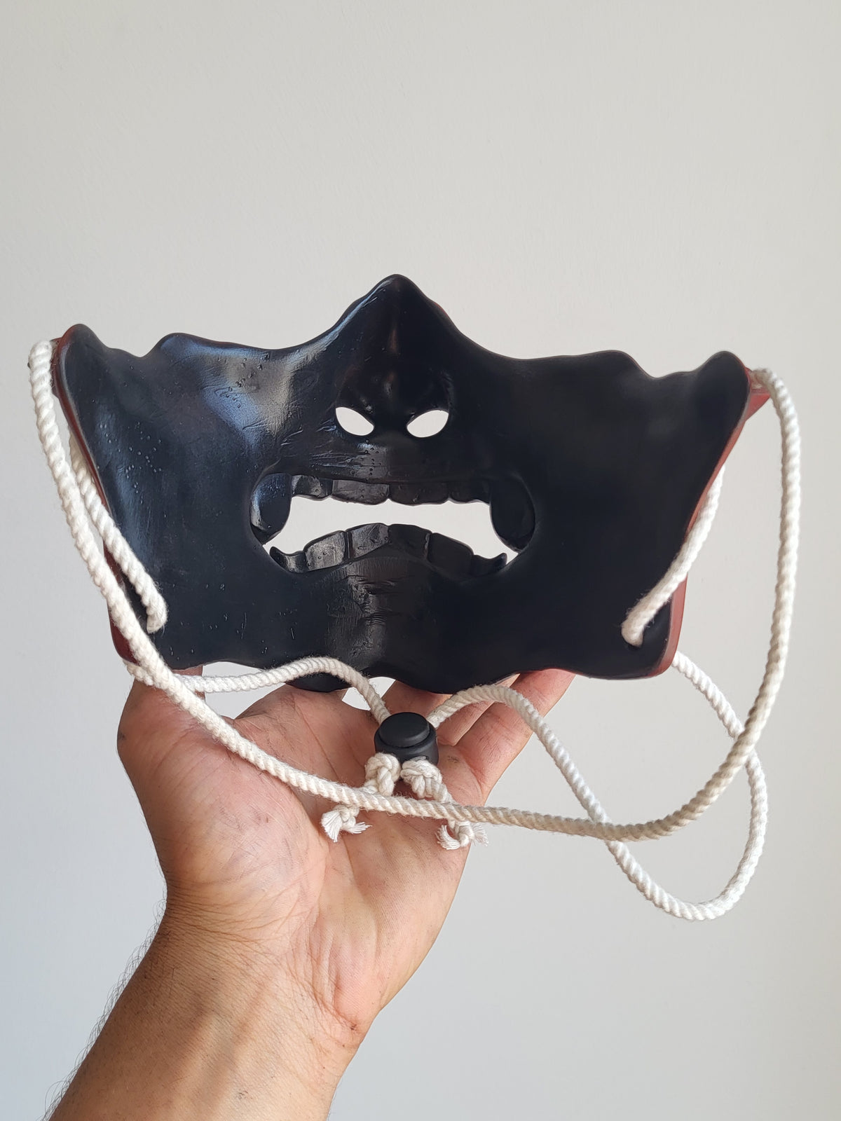Red Oni Half-Mask with Wood-Tone Fangs