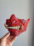 Red Translucent Oni Half-Mask with Gold Teeth