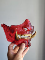 Red Translucent Oni Half-Mask with Gold Teeth